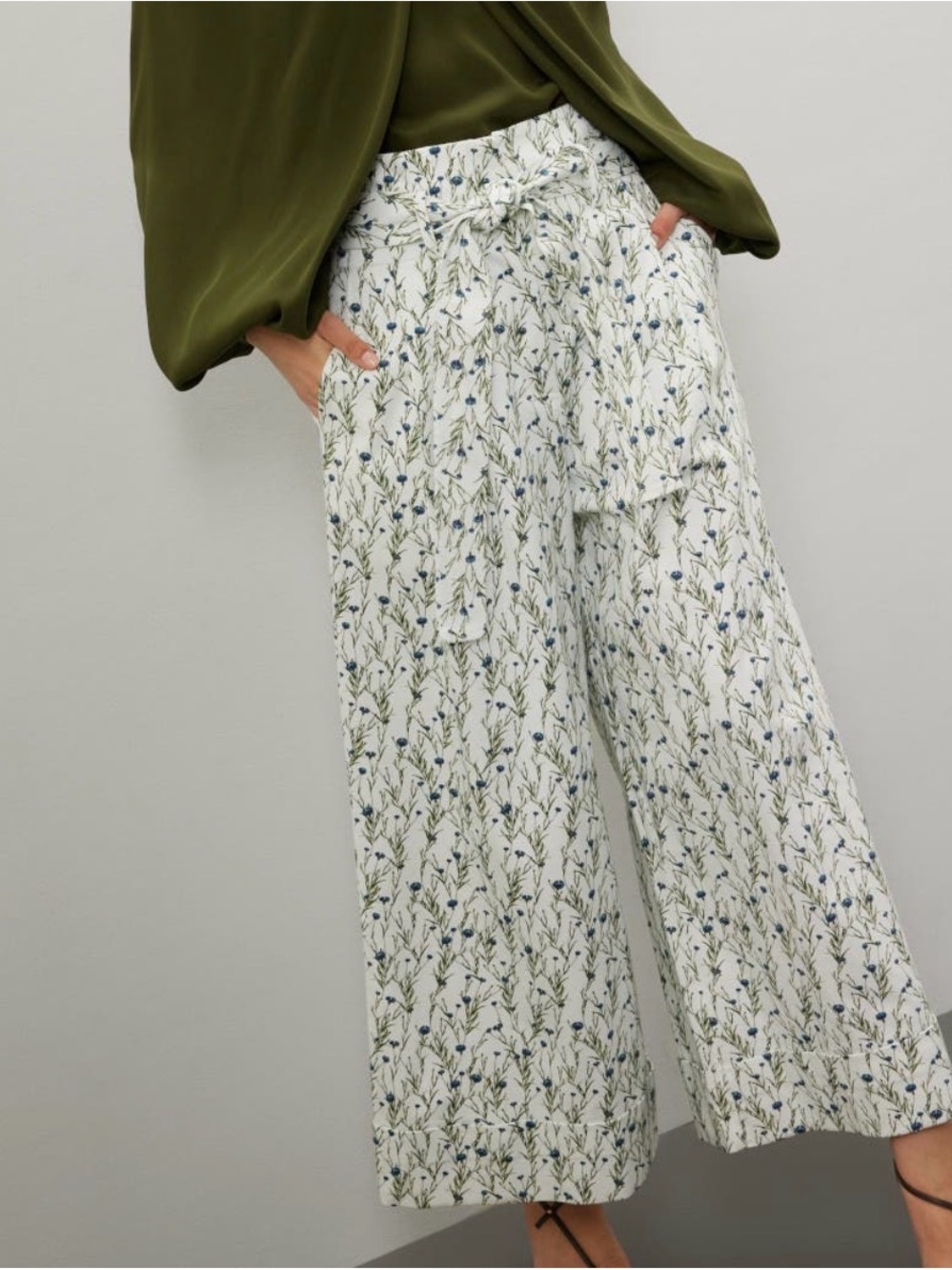 Adam Lippes White Floral Tie-Waist Wide Leg Pants